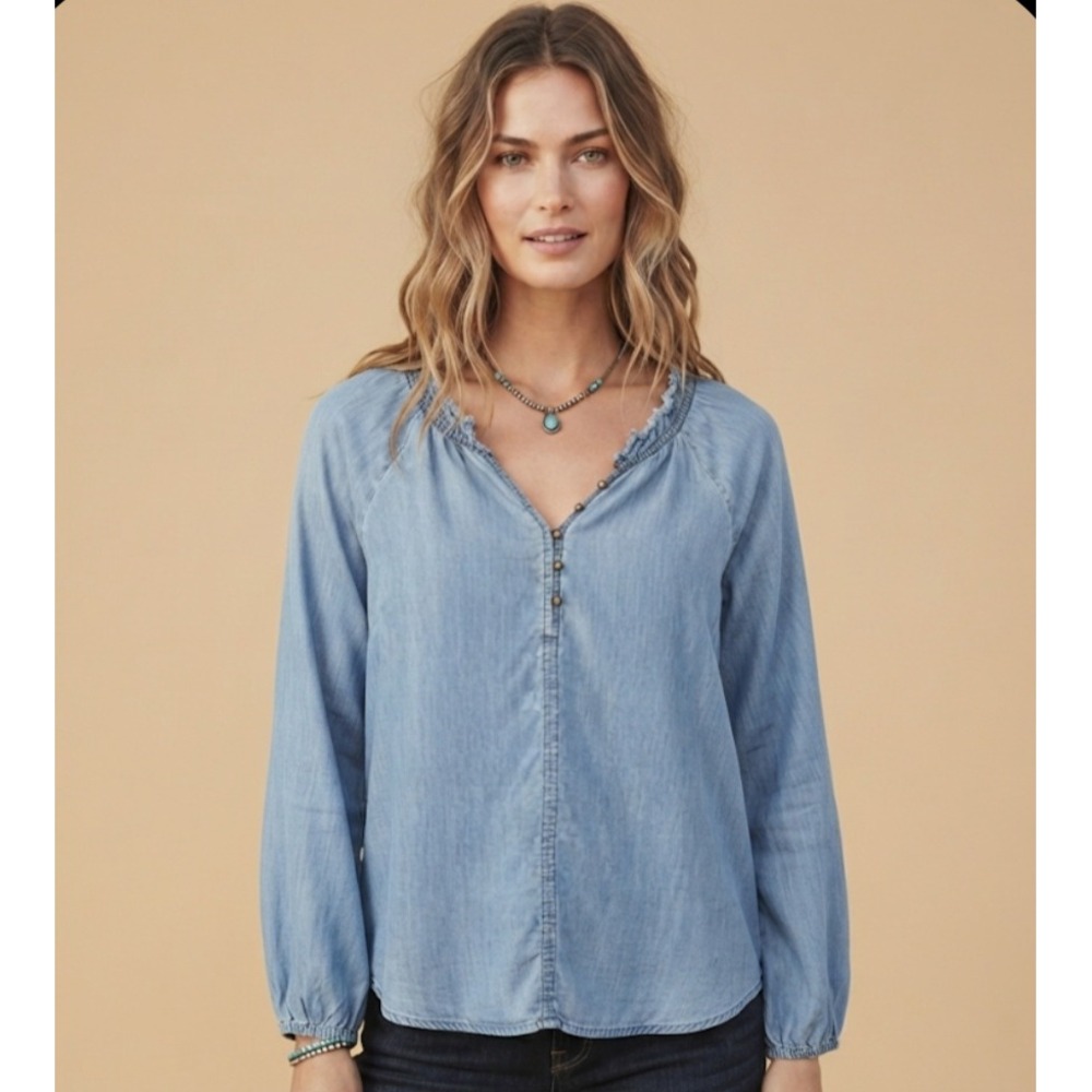 Sundance Womens Blue Tencel Frayed Neck Button Front Raglan Blouse Top Small - Picture 1 of 9
